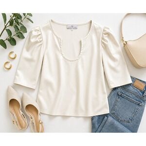 Never A Wallflower Top L Horseshoe Neck Puff Sleeve Minimalist Quiet Luxury